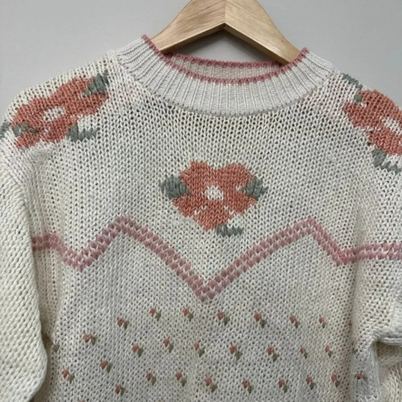 Vintage Handmade Crew Neck Floral Knit Pullover Sweater Neutrals Women's Medium - Picture 3 of 14